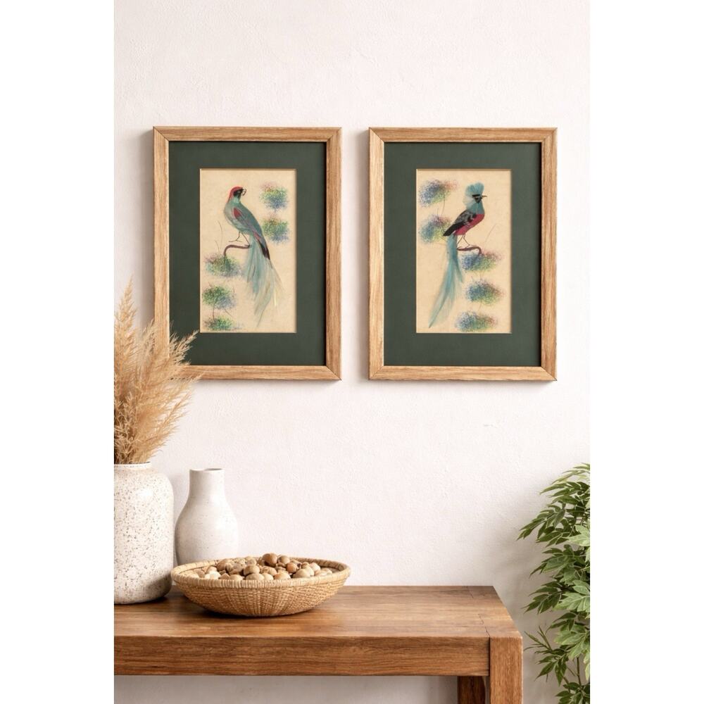 Pair Mid Century Decorative Feather Art Panels Exotic Birds Boho Tropical 8x10